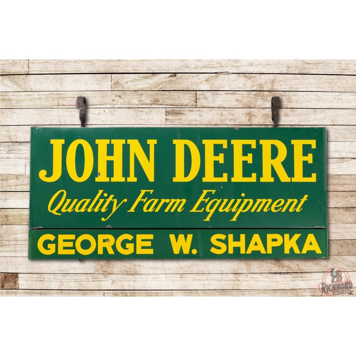 John Deere Green Quality Farm Equipment DS Porcelain Bullnose Dealership Sign TAC 8.75 & 8.25