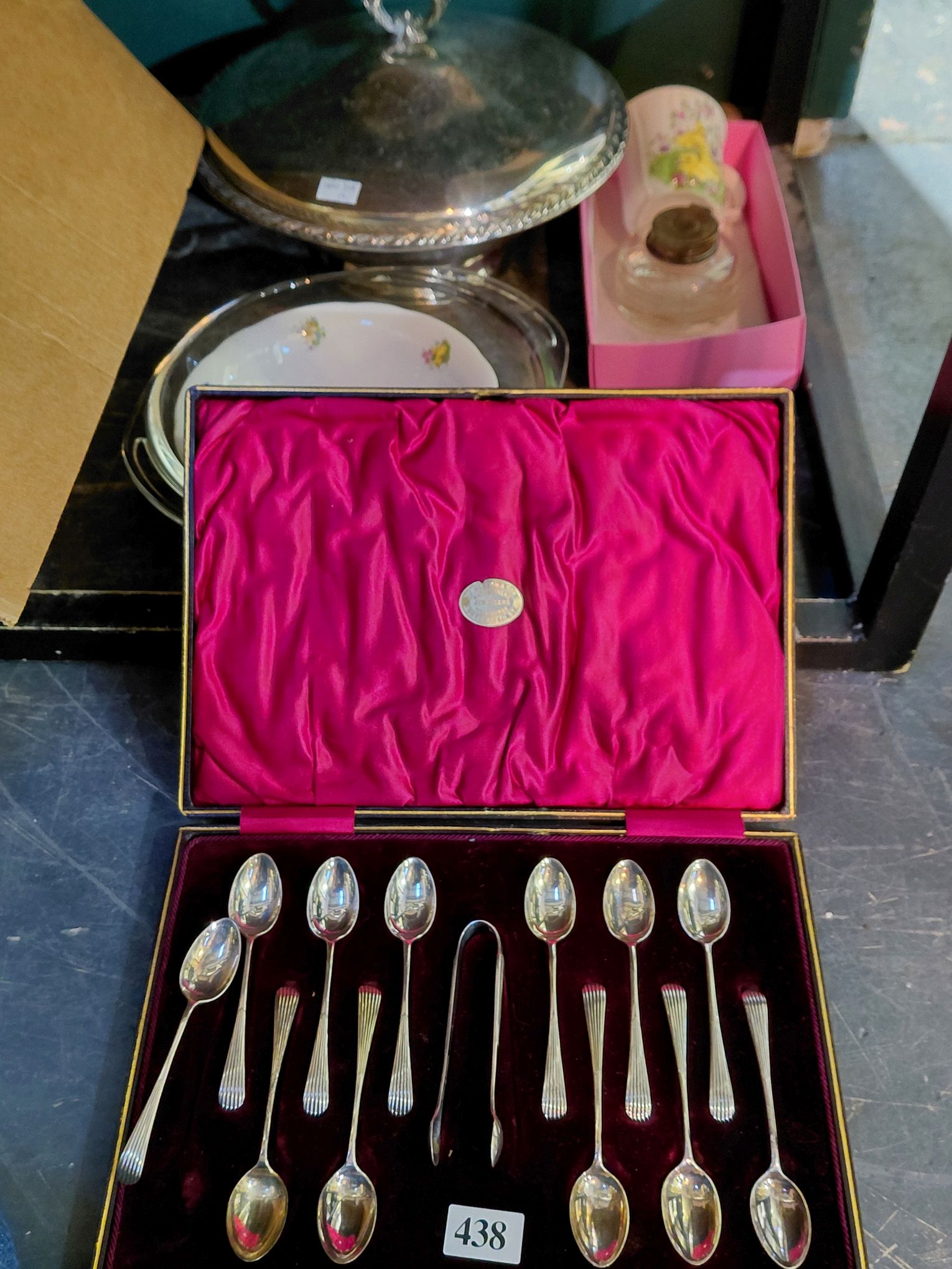 438 · SILVERPLATE INKWELL AND CERAMICS