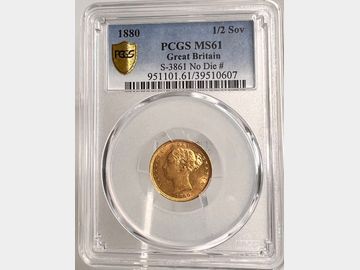 1880 VICTORIA HALF SOVEREIGN NO DIE (RARE) MS61 YOUNG HEAD SHIELD
