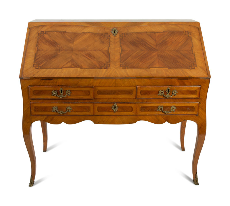 A Louis XV Style Inlaid Walnut Slant Front Desk 
Height 40 3/4 x width 44 1/2 x depth 19 1/2 inches.