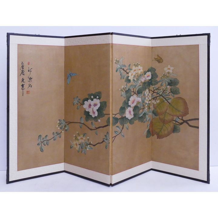 Japanese Painted 4 Panel Screen- Magnolia Branch with Butterflies- 36x54''
