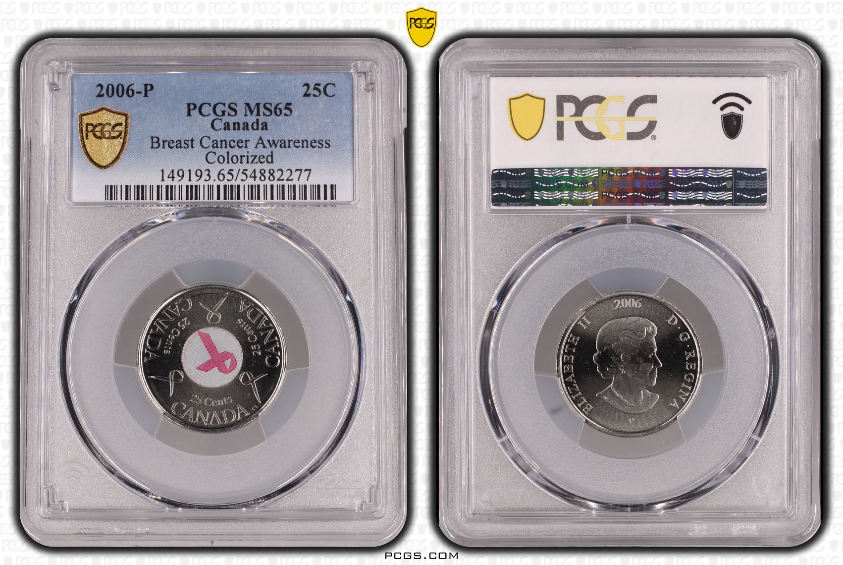 225 · Canada, Breast Cancer Awareness Colorized, Twenty Five Cent, 2006-P, PCGS MS65