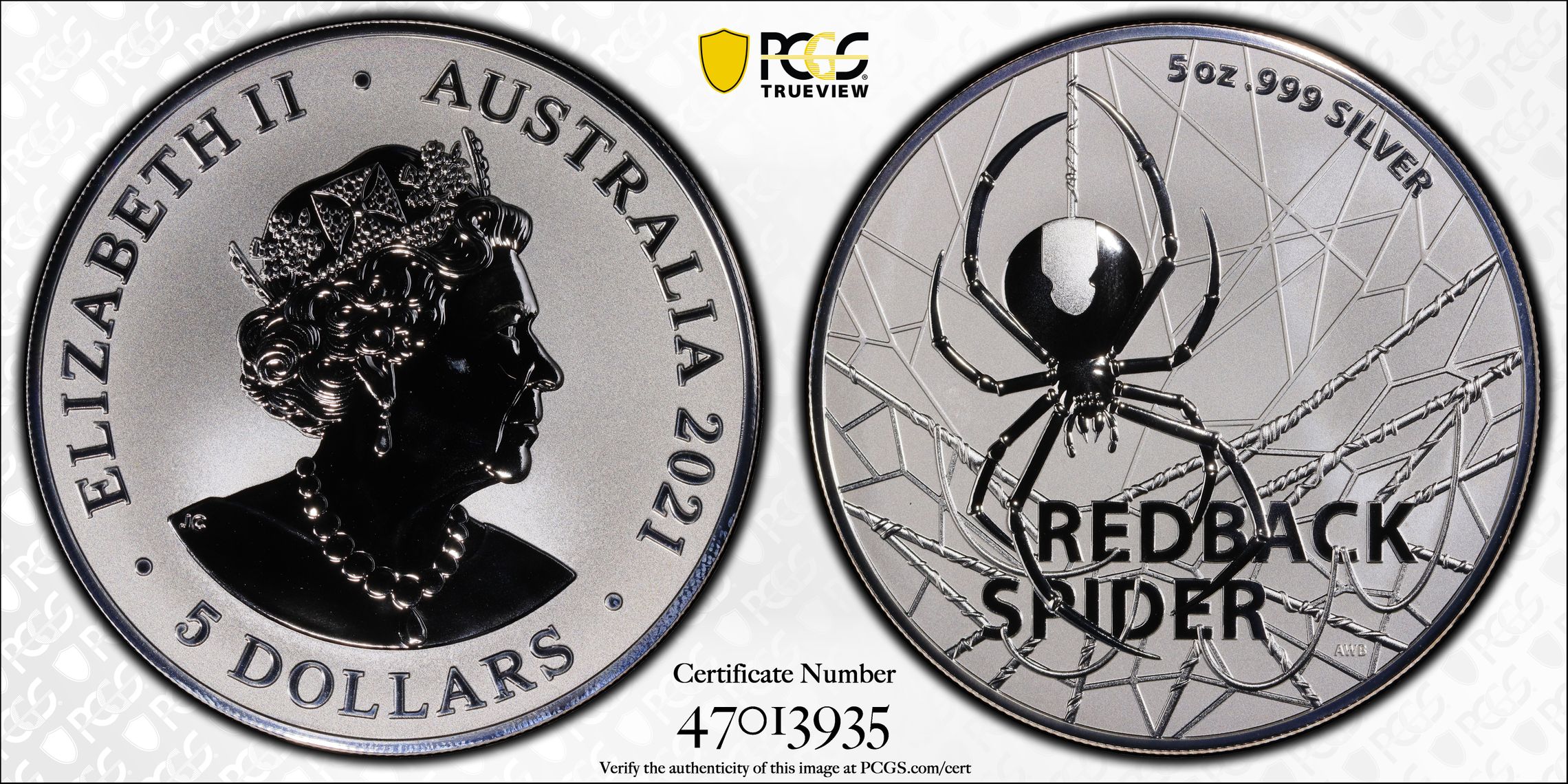 Redback Spider 5oz Ag POP 4/0, Five Dollar, 2021, PCGS MS69