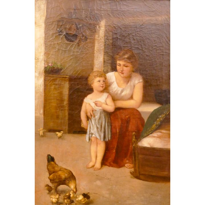 Antique Maternal Interior Scene Oil Painting Framed- 33x25''