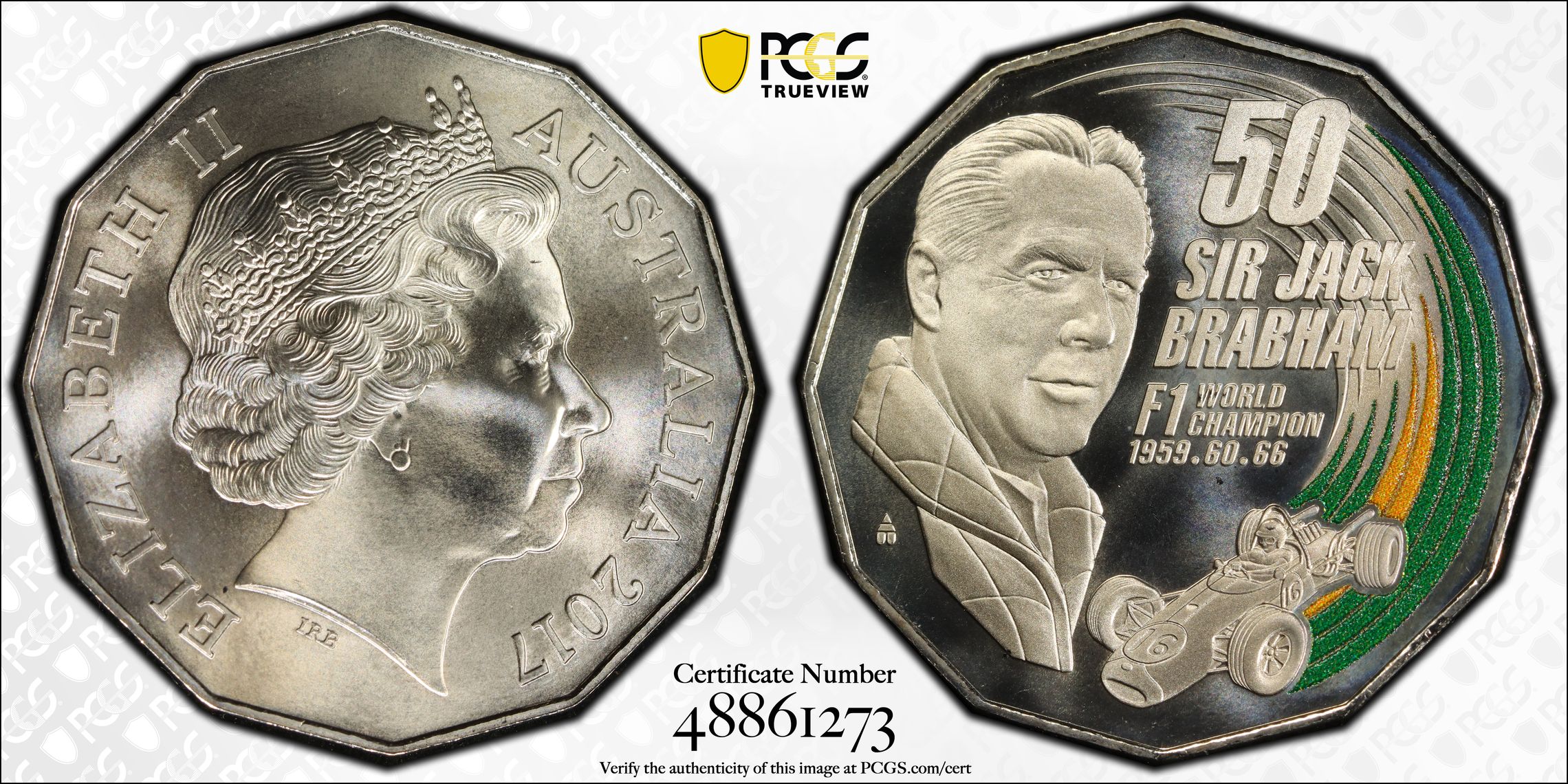 377 · Sir Jack Brabham , Fifty Cent, 2017, PCGS MS69