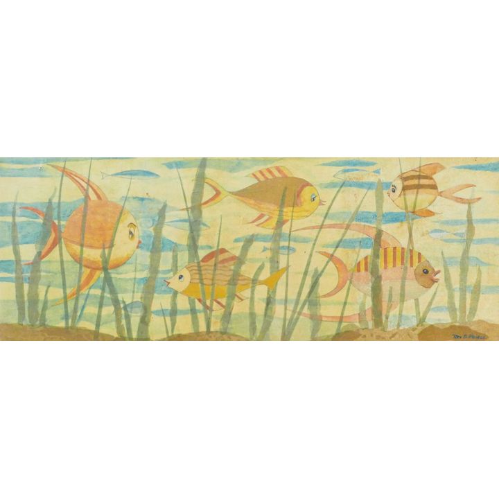 Rex Barton Peirce ''Happy Fish'' Mid Century Watercolor Mounted 18''x38''