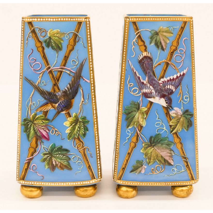 Pair French Enameled Opaline Glass Bird Vases