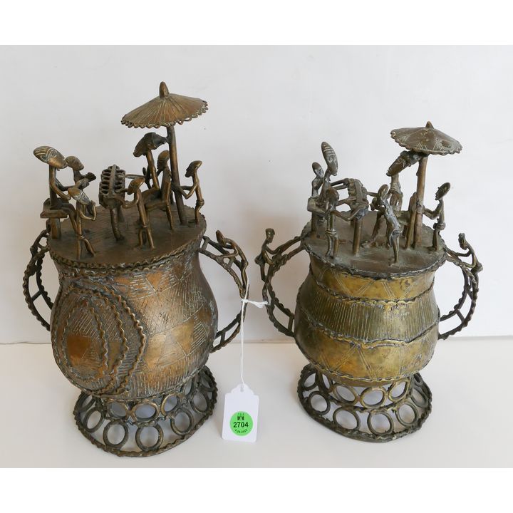 2pc Ashanti African Bronze Gold Dust Jars- 11''