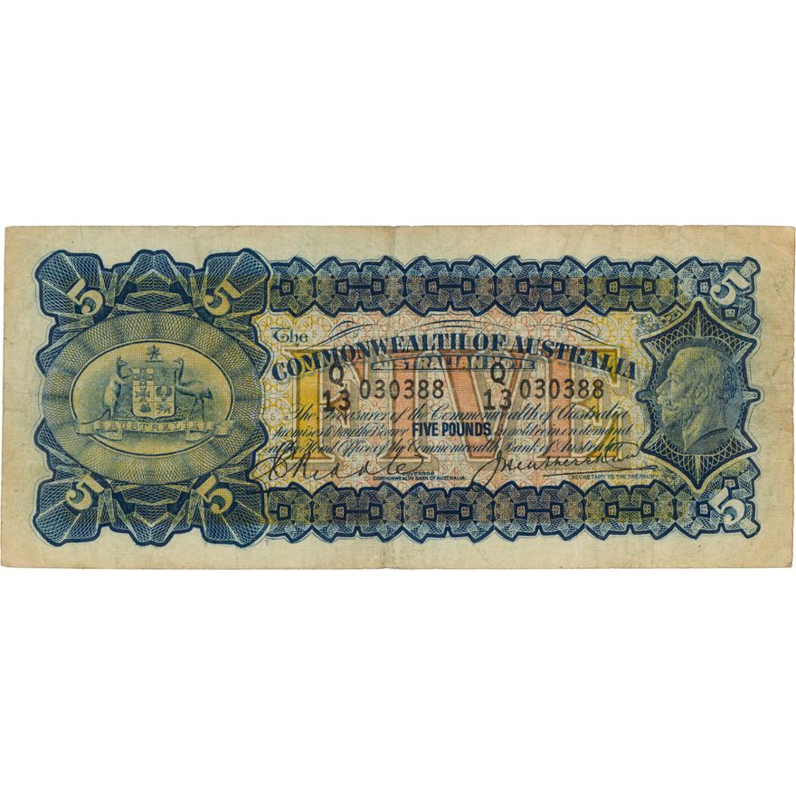 Riddle/Heathershaw, Commonwealth Bank, Five Pounds, 1927,  Fine