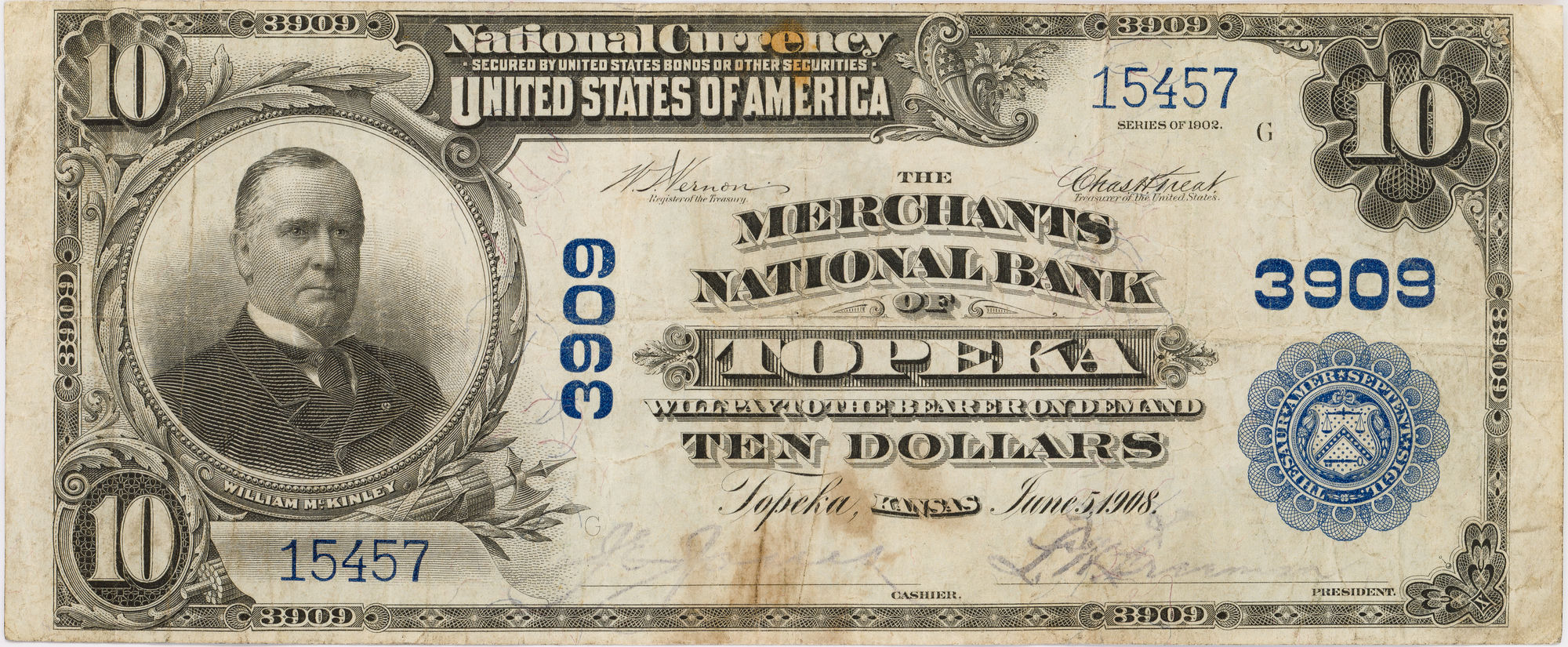 United States, The Merchants National Bank of Topeka, Kansas, Ten Dollars, 1908, Fine