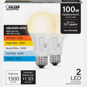 FEIT ELECTRIC A19 LED LIGHT BULB, 100W EQUIVALENT, NON-DIMMABLE, 5CCT, E26 MEDIUM BASE, 90 CRI, 1500 LUMENS, ADJUSTABLE WHITE, 13.