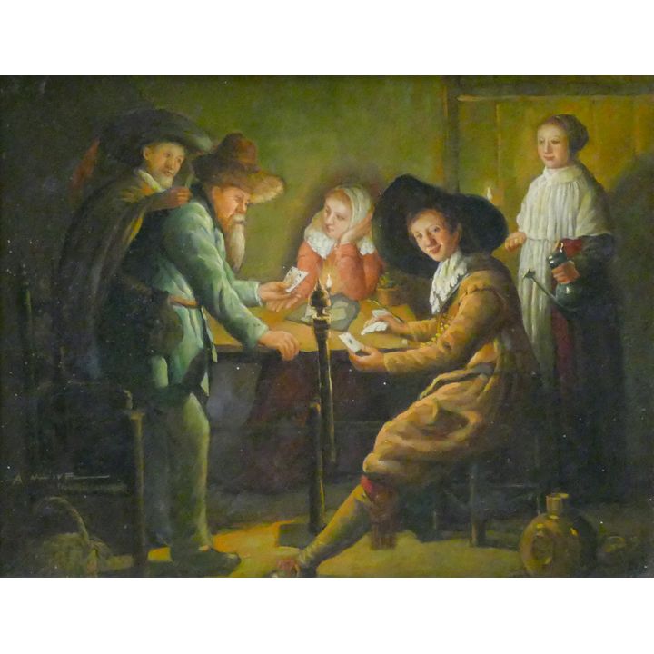 After Anton Mauve (1838-1888 Dutch) ''Card Players'' Oil on Board Framed 13''x15''