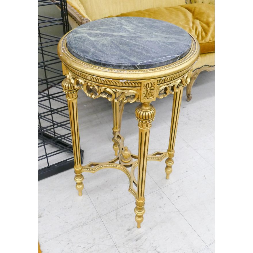 French Gilt Carved Green Marble Top Round Stand- 29x18''