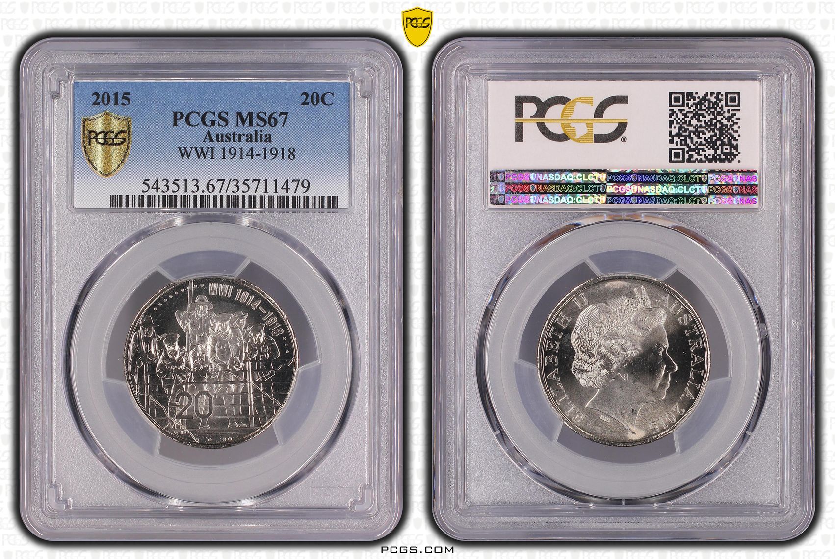 2015 Australia Twenty Cent, 20c WWI 1914-1918 PCGS - MS67 -479