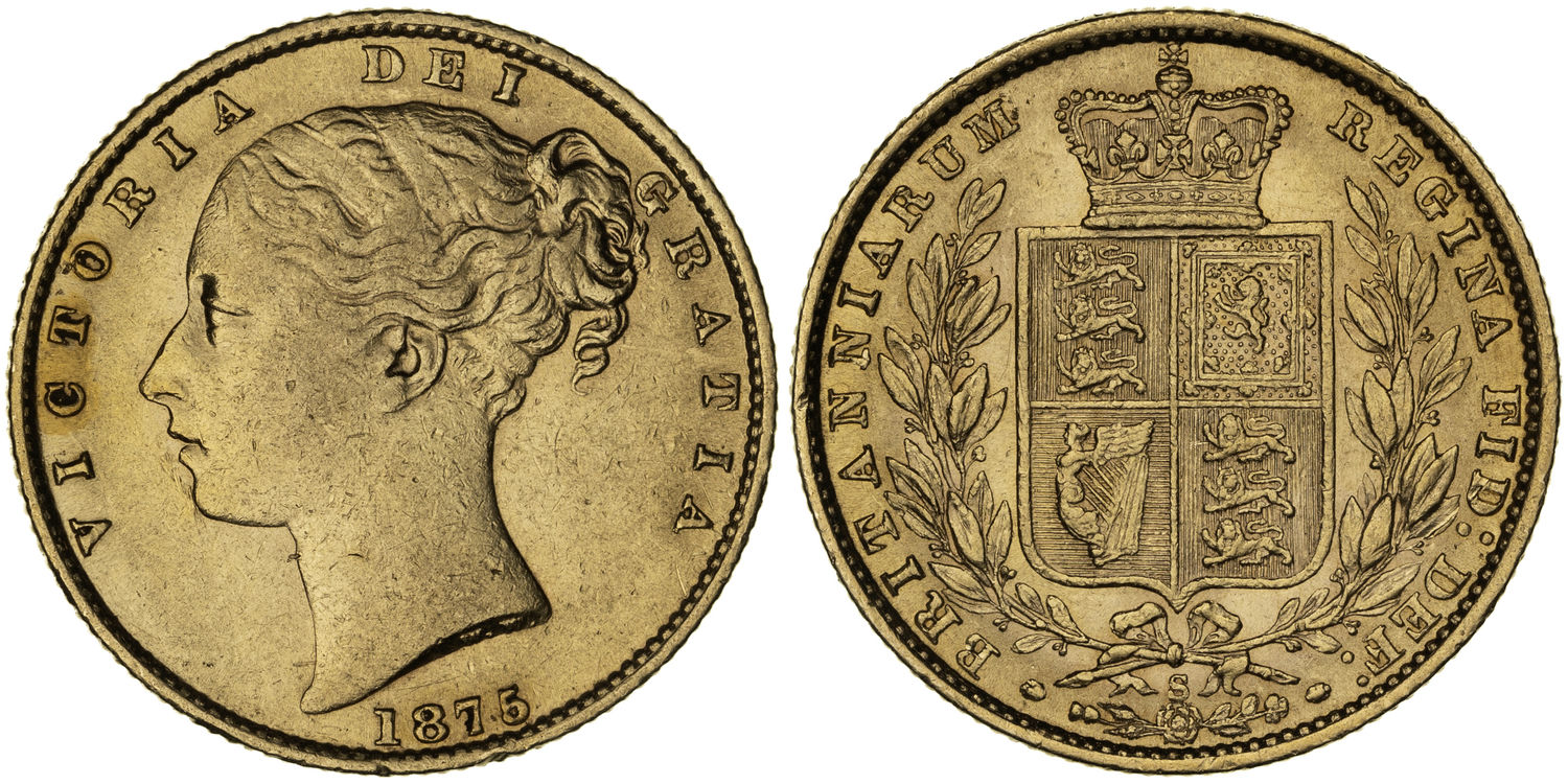 Victoria, Shield Reverse, Sovereign, 1875-S, gF