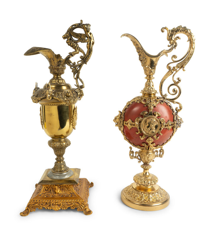 Two Louis XV Style Gilt Metal Mounted Ewers
Height of taller 19 inches.