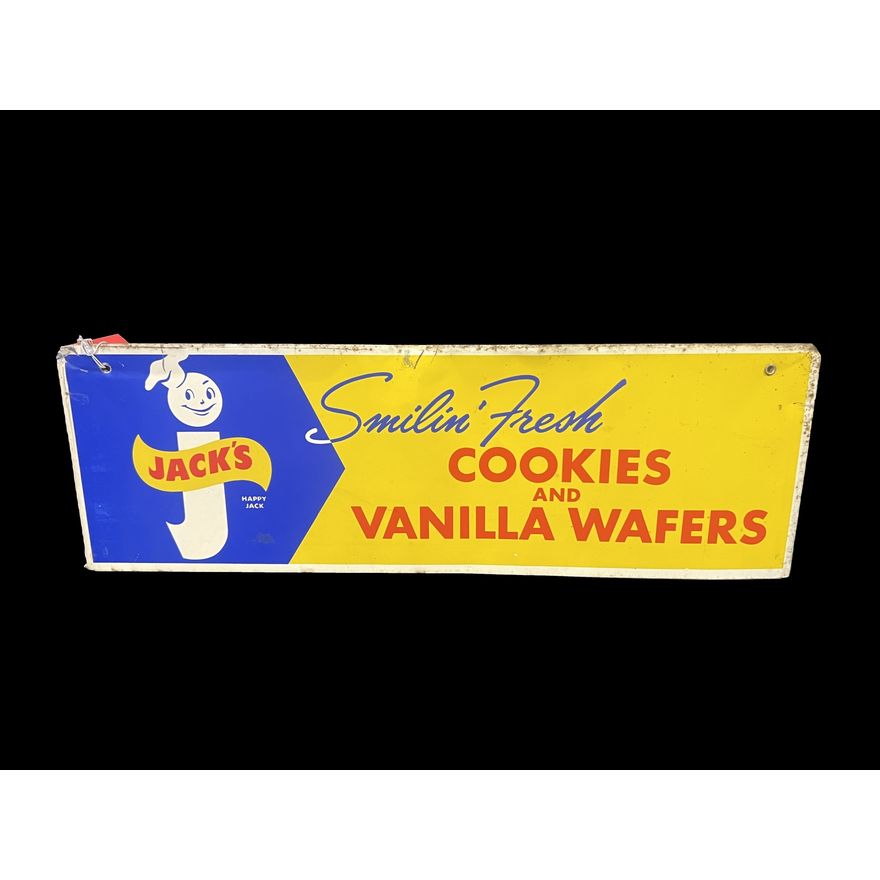 Happy Jack's Cookies Vanilla Wafers Tin Metal Country Store Topper Sign