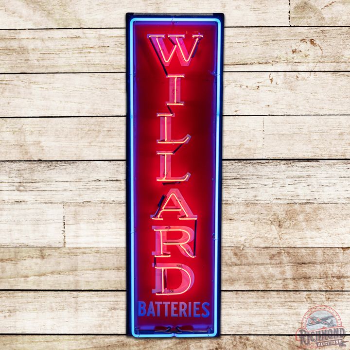 1957 Willard Batteries Emb. Single Sided Tin Neon Sign
