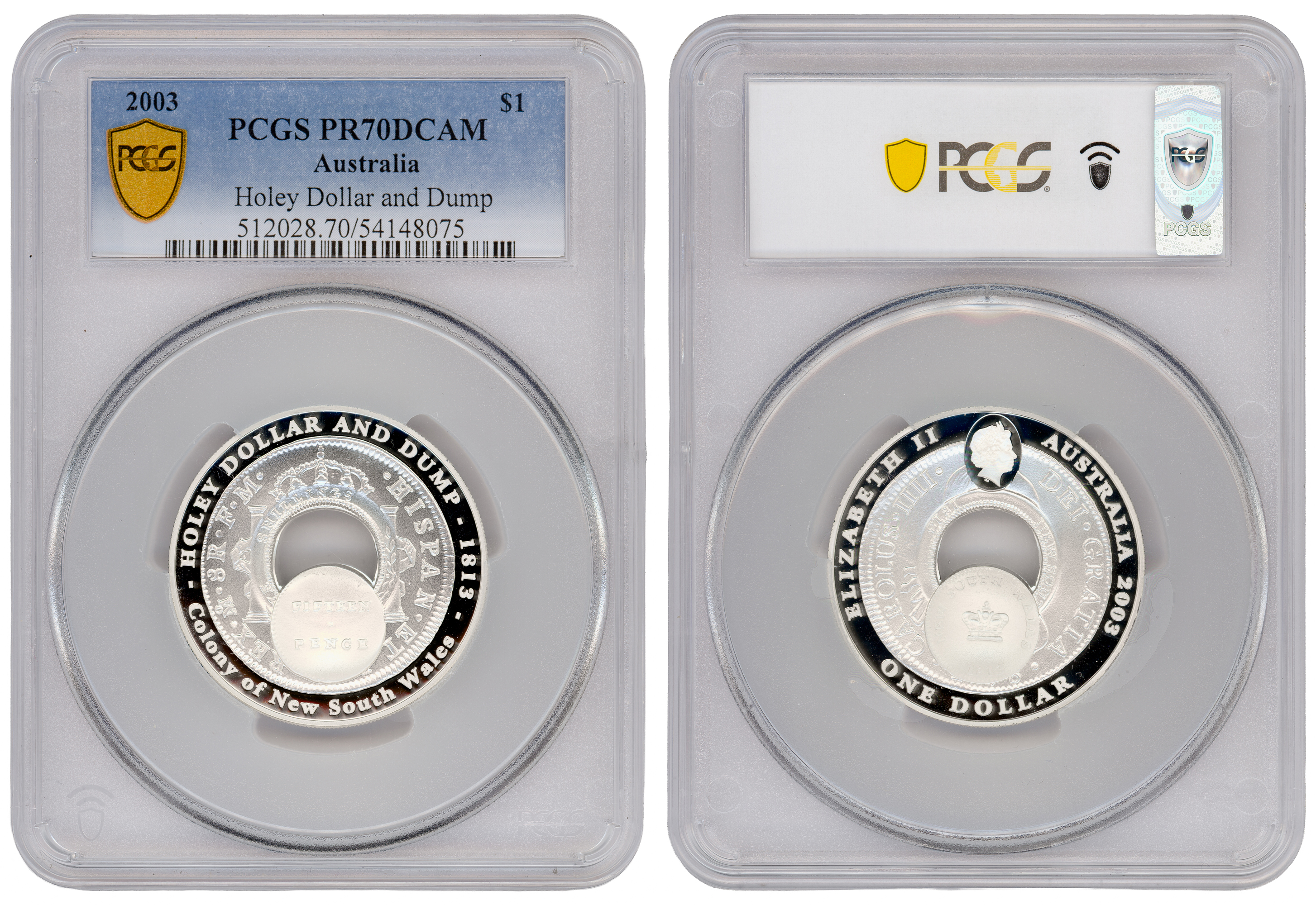 Holey Dollar and Dump, 20/0, One Dollar, 2003, PR70DCAM