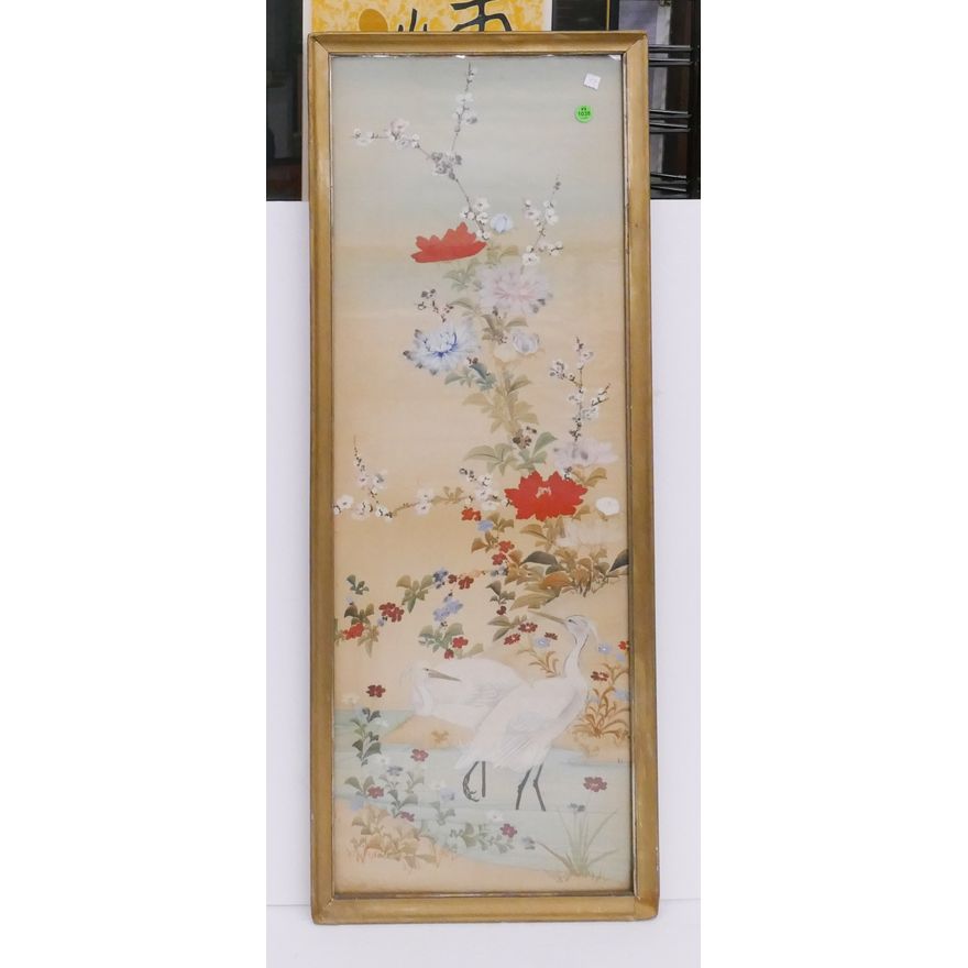 Old Japanese Crane Painting on Silk Framed- 38x14''