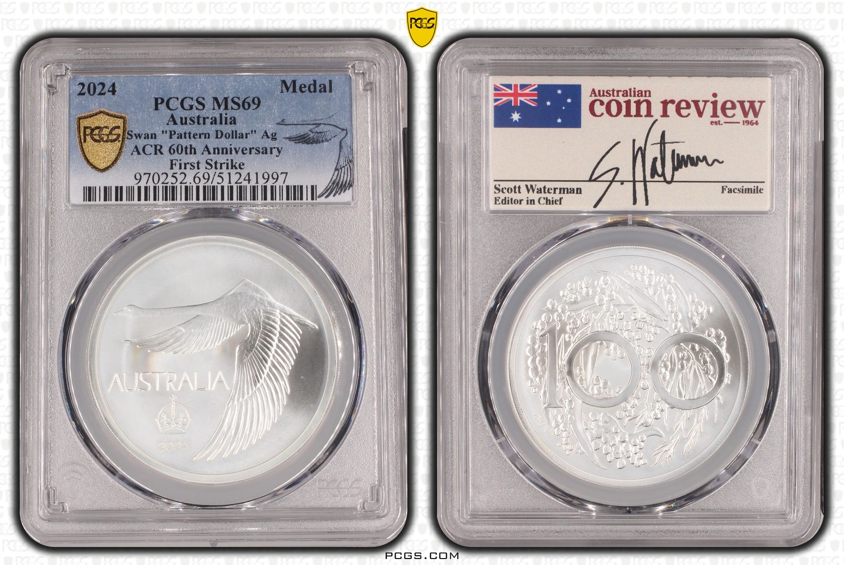 Swan "Pattern Dollar" Ag ACR 60th Anniversary First Strike, Medal, 2024, PCGS MS69