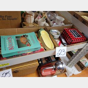2 Boxes of corn holders, kitchen collectible book and other