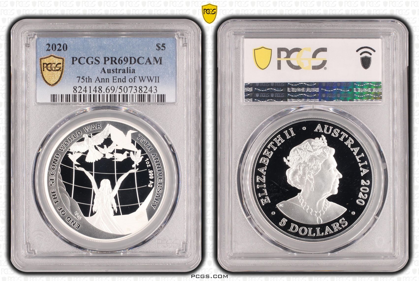 75th Ann End of WWII POP 11/0, Five Dollar, 2020, PCGS PR69DCAM
