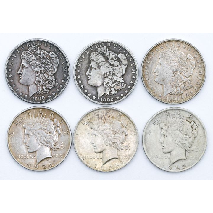 Box 6pc US Morgan & Liberty Silver Dollars
