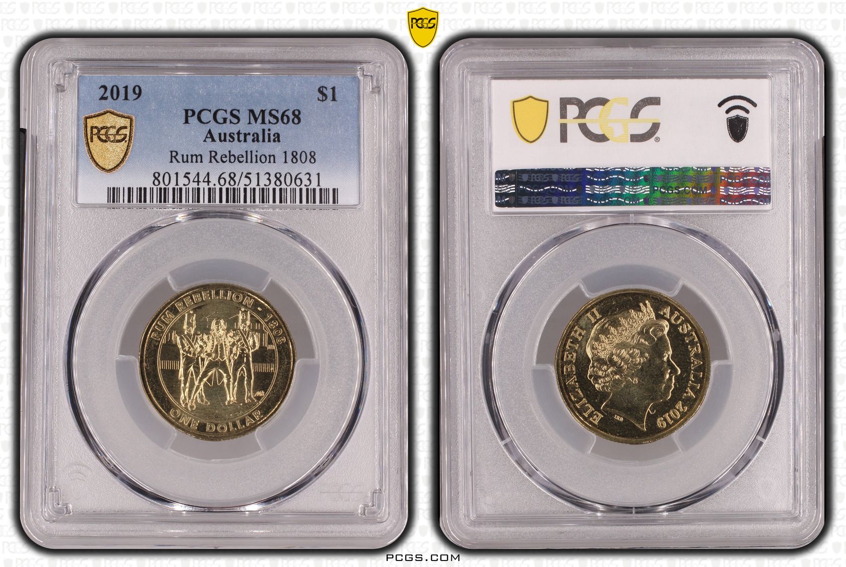 Rum Rebellion 1808, One Dollar, 2019, PCGS MS68