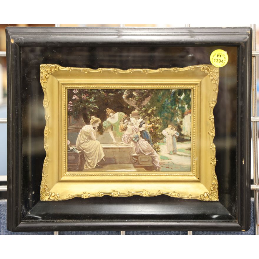 Antique Romanticist Ladies Small Painting Framed 9''x11''