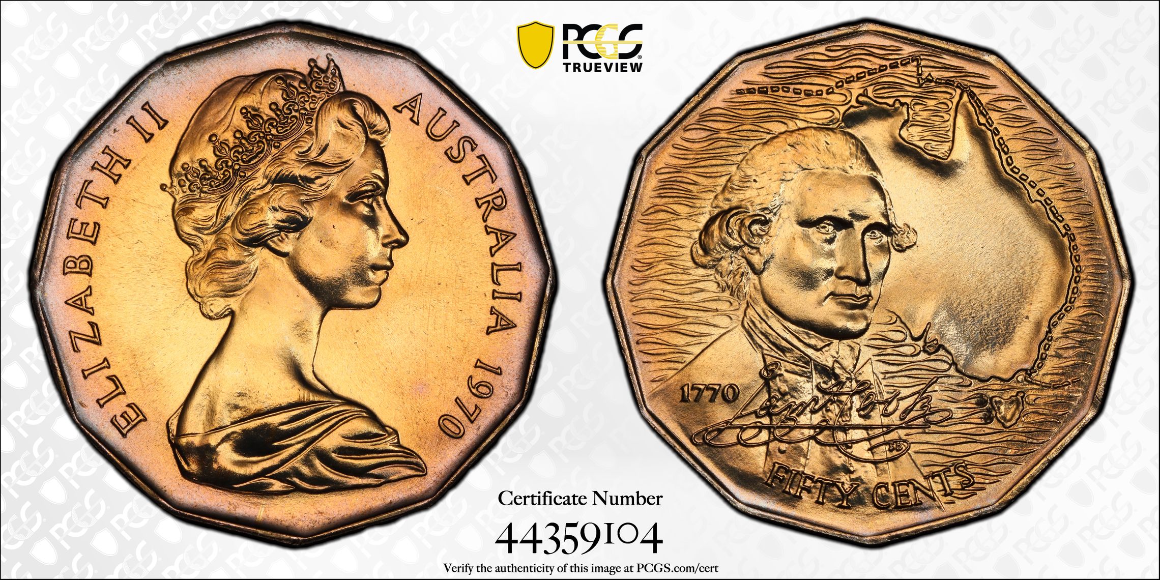 75 · 1970 Australia Fifty Cent, 50c Cook PCGS - MS69 -104
