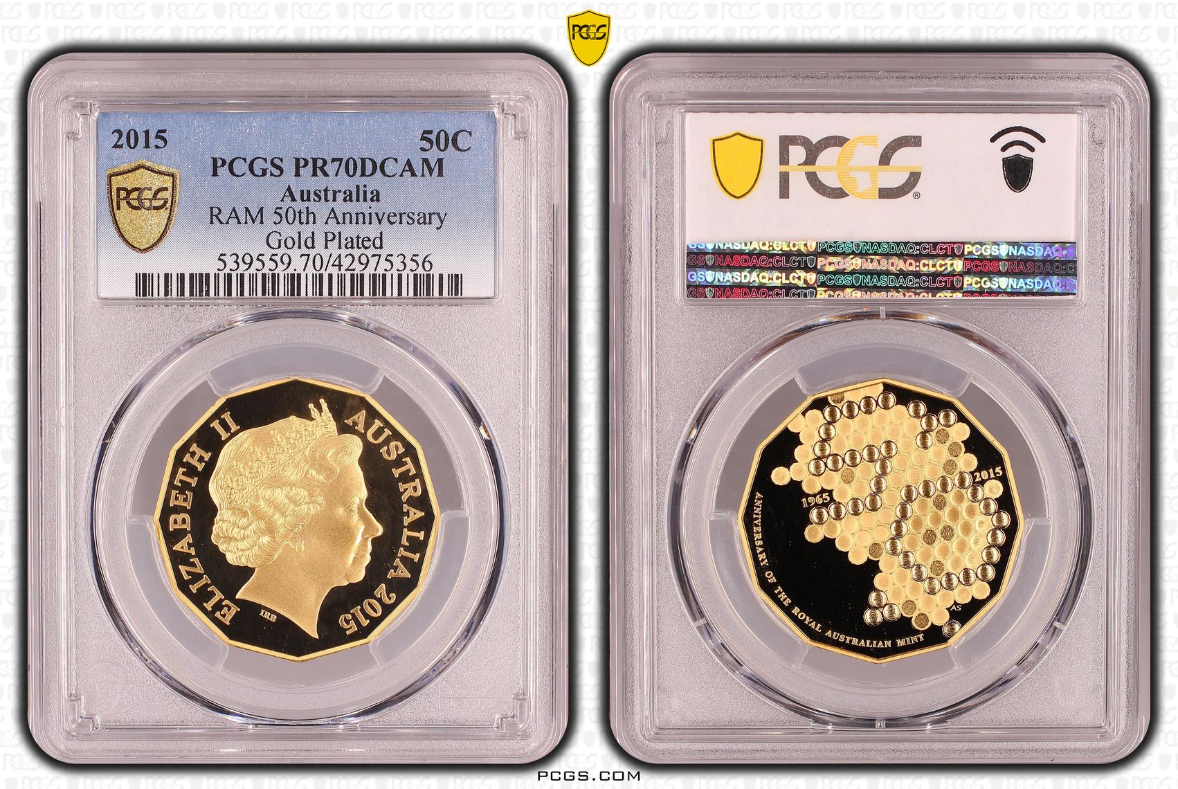 2015 Australia Fifty Cent, 50c RAM 50th Anniversary Gold Plated PCGS - PR70DCAM POP 63/0 -356