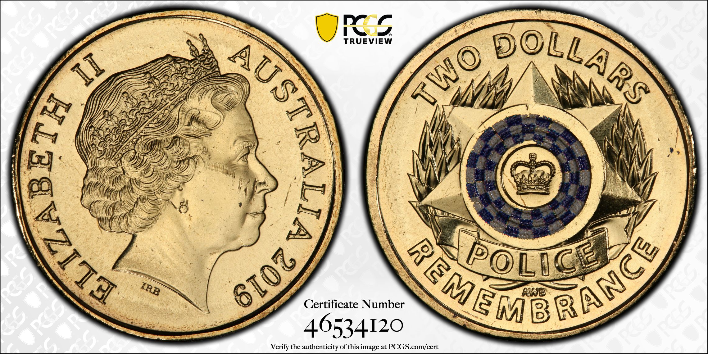 Elizabeth II, Police Remembrance Colorized , Two Dollar, 2019, PCGS MS66