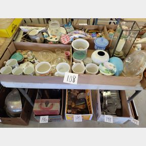 2 Boxes of vintage glass juicers and coffee mugs