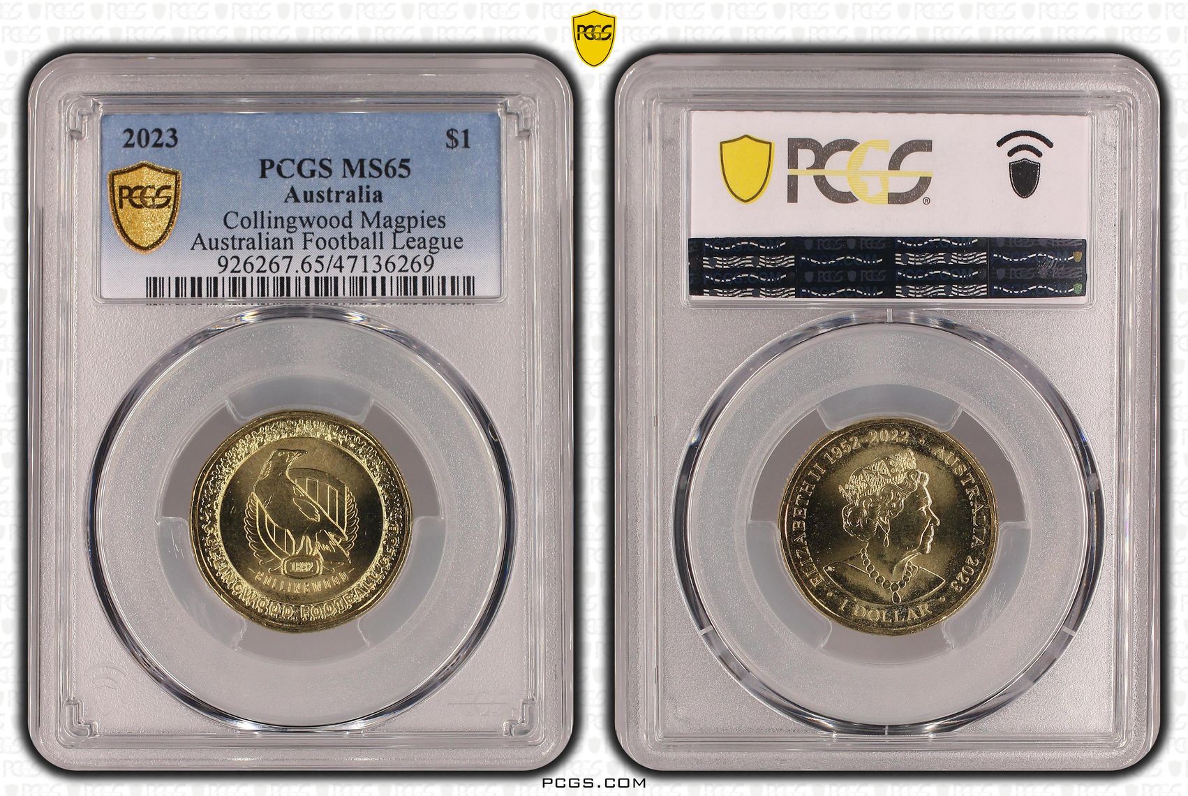 Elizabeth II, AFL - Collingwood Magpies, One Dollar, 2023, PCGS MS65