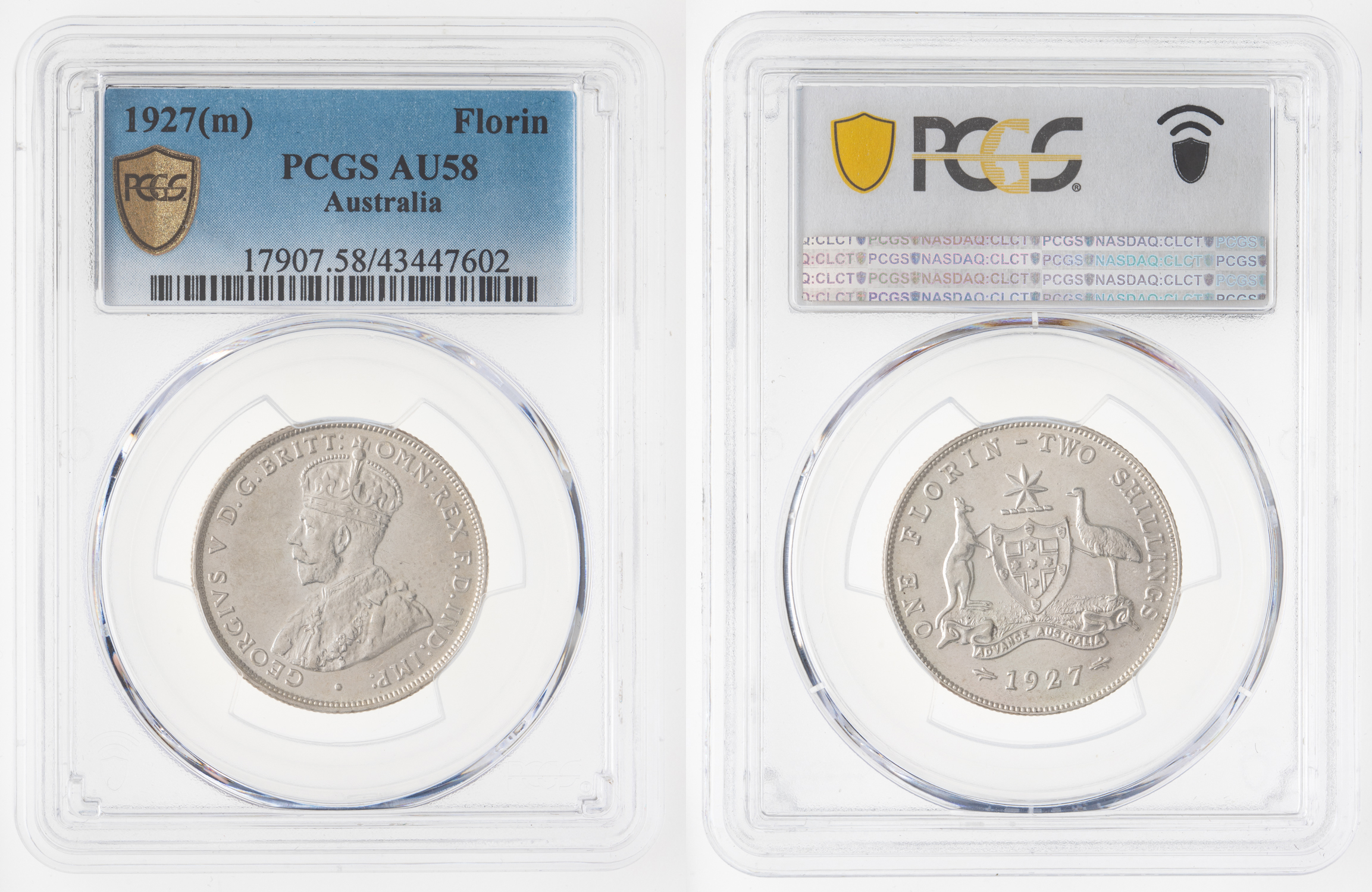 George V, Florin, 1927, PCGS AU 58