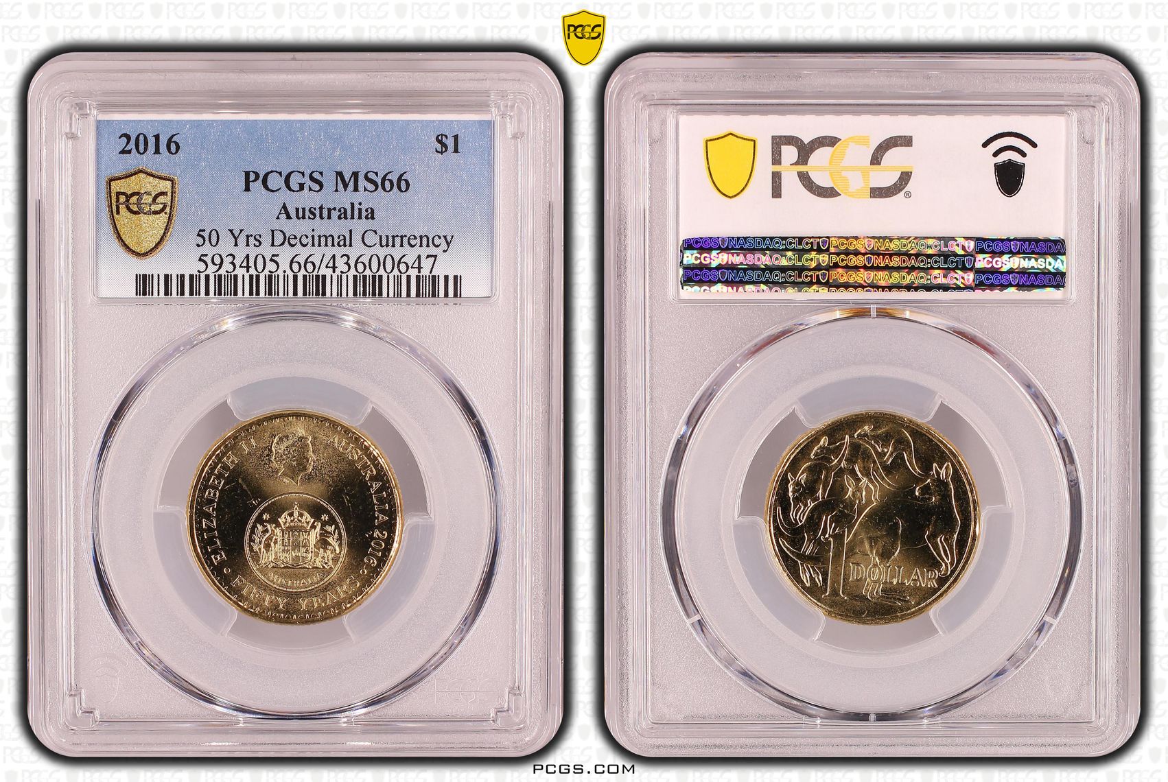 250 · Elizabeth II, 50 Yrs Decimal Currency , One Dollar, 2016, PCGS MS66