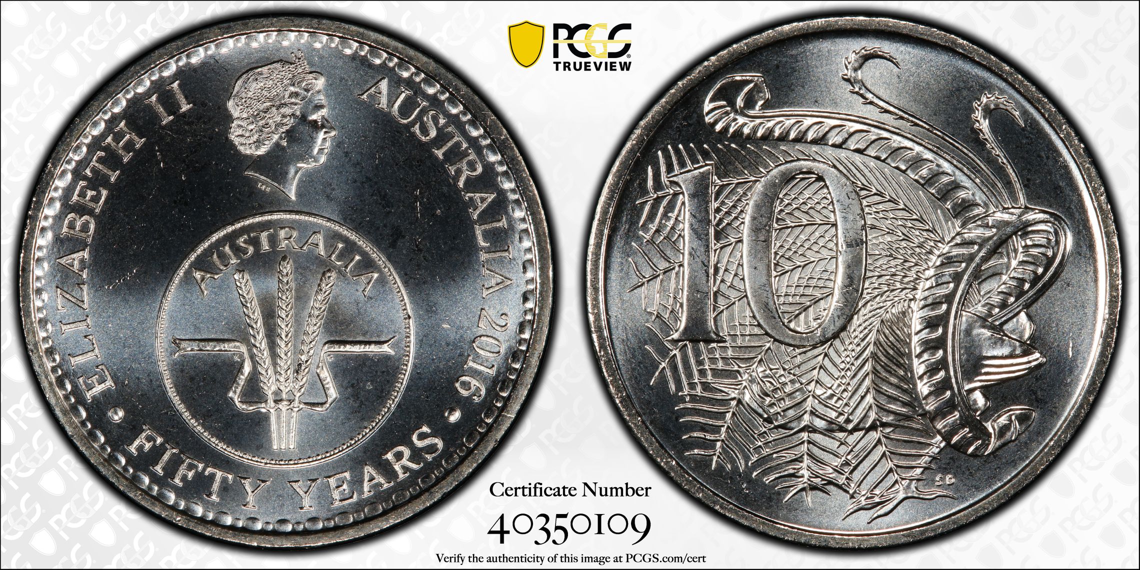 132 · Elizabeth II, 50 Yrs Decimal Currency , Ten Cent, 2016, PCGS MS66