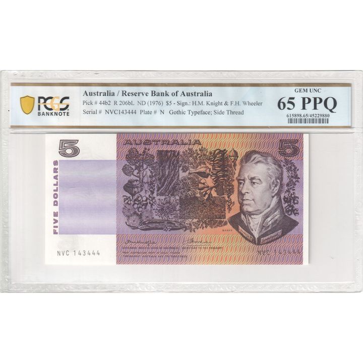 1976 Australia $5 Banknote Knight/Wheeler Gem Unc 65 PPQ  - R.206bL