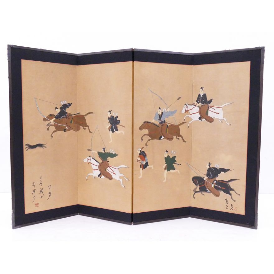 Japanese Painted Archers on Horseback 4 Panel Screen- 36x54''