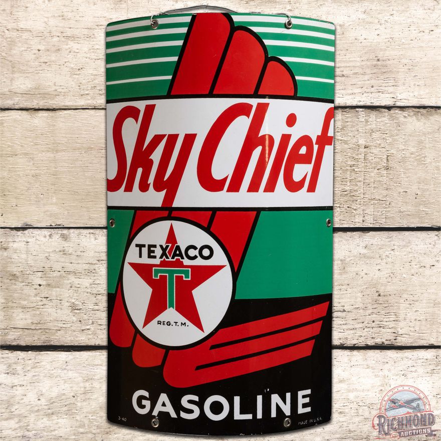 1940 Texaco Sky Chief Gasoline Curved SS Porcelain Gas Pump Plate Sign