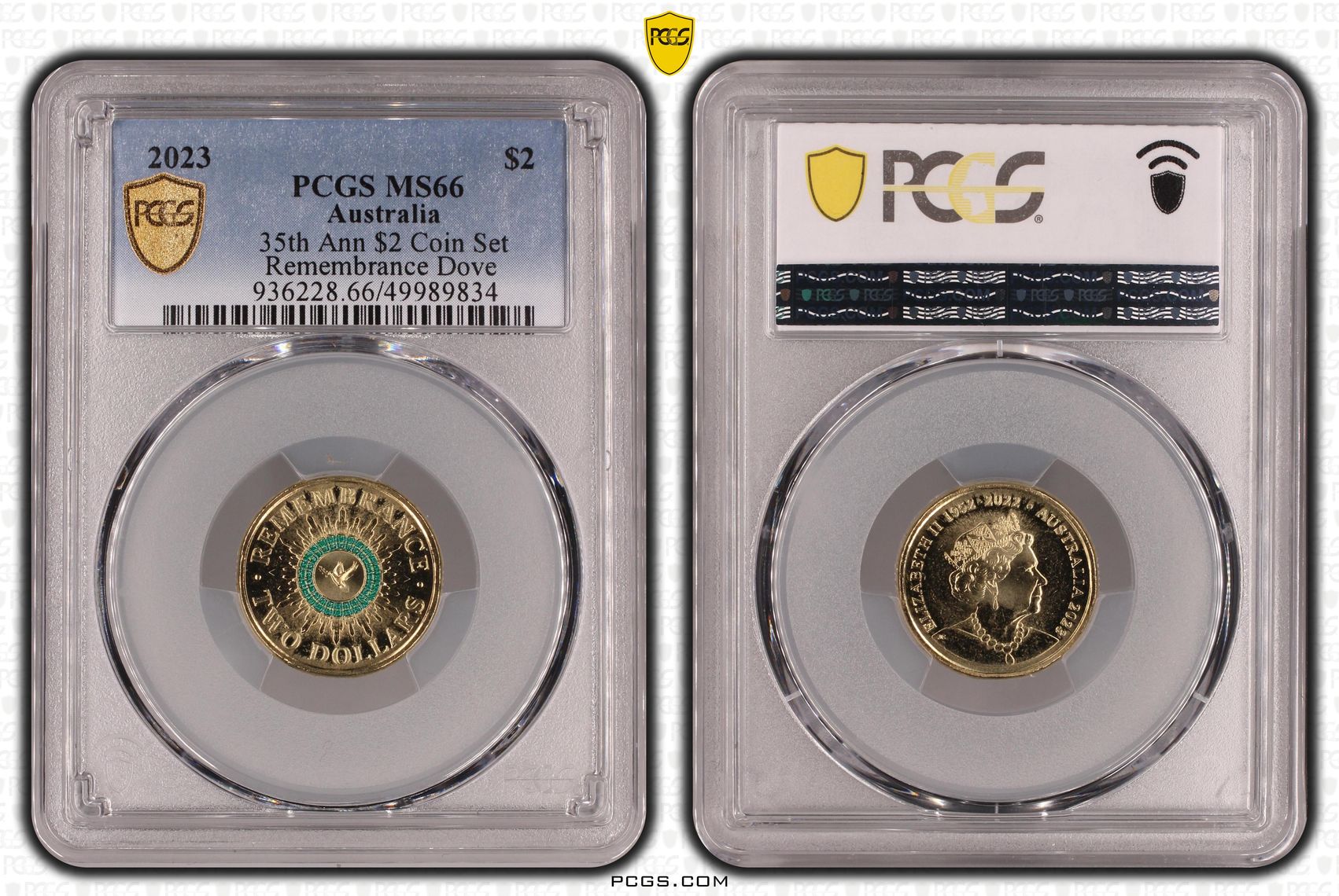 35th Ann $2 Coin Set Colorized Remembrance Dove , Two Dollar, 2023, PCGS MS66