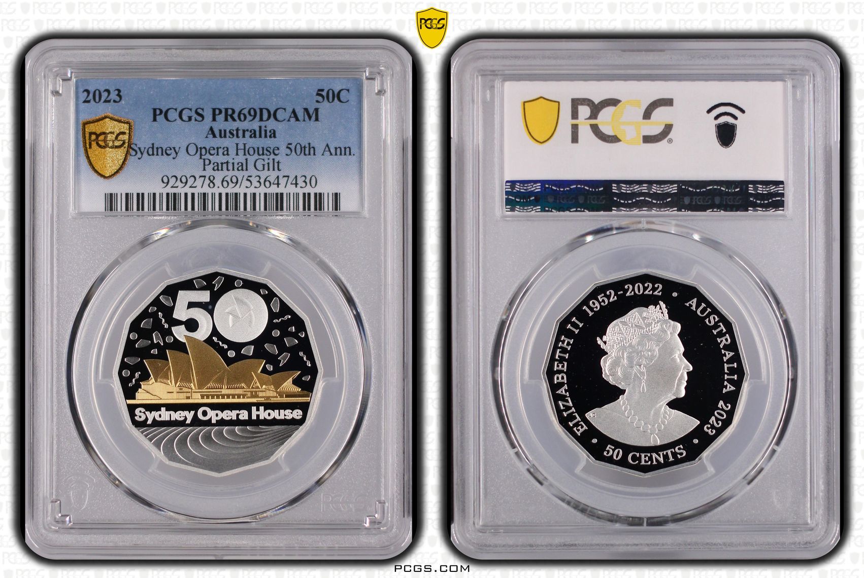 Sydney Opera House 50th Ann. Silver Partial Gilt, Fifty Cent, 2023, PCGS PR69DCAM