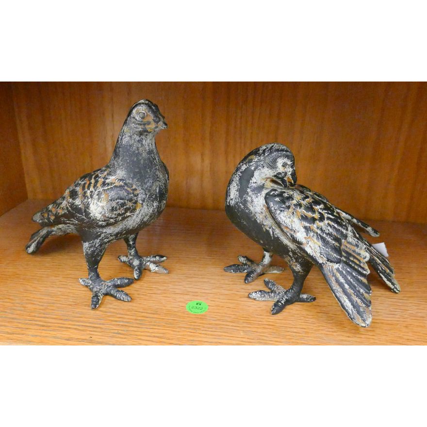 Pair Japanese Cast Iron Bird Figures 8'' and 10'' Long
