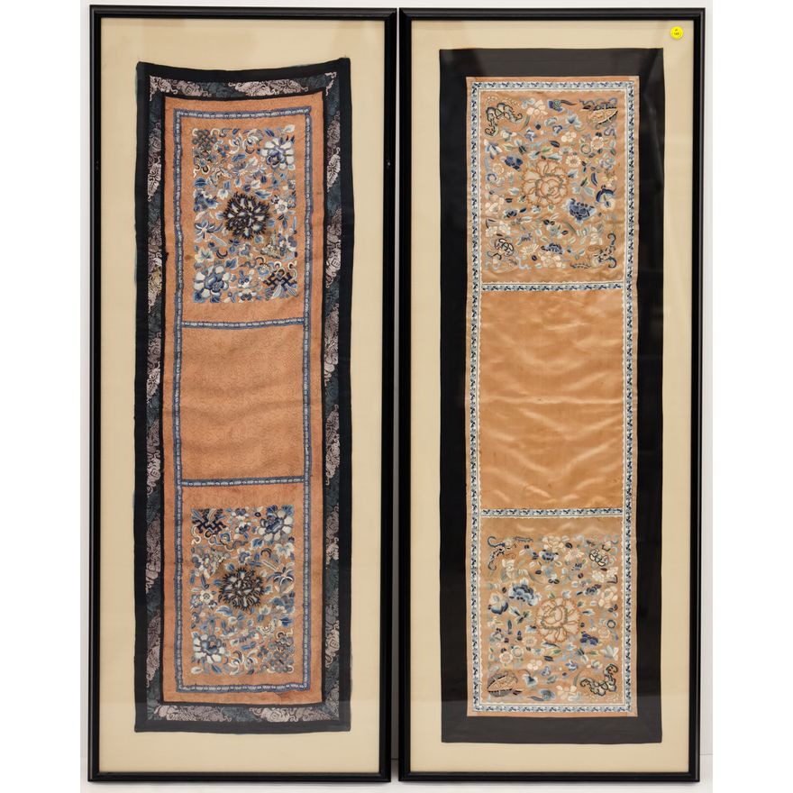 Pair Chinese Silk Embroidered Framed Panels