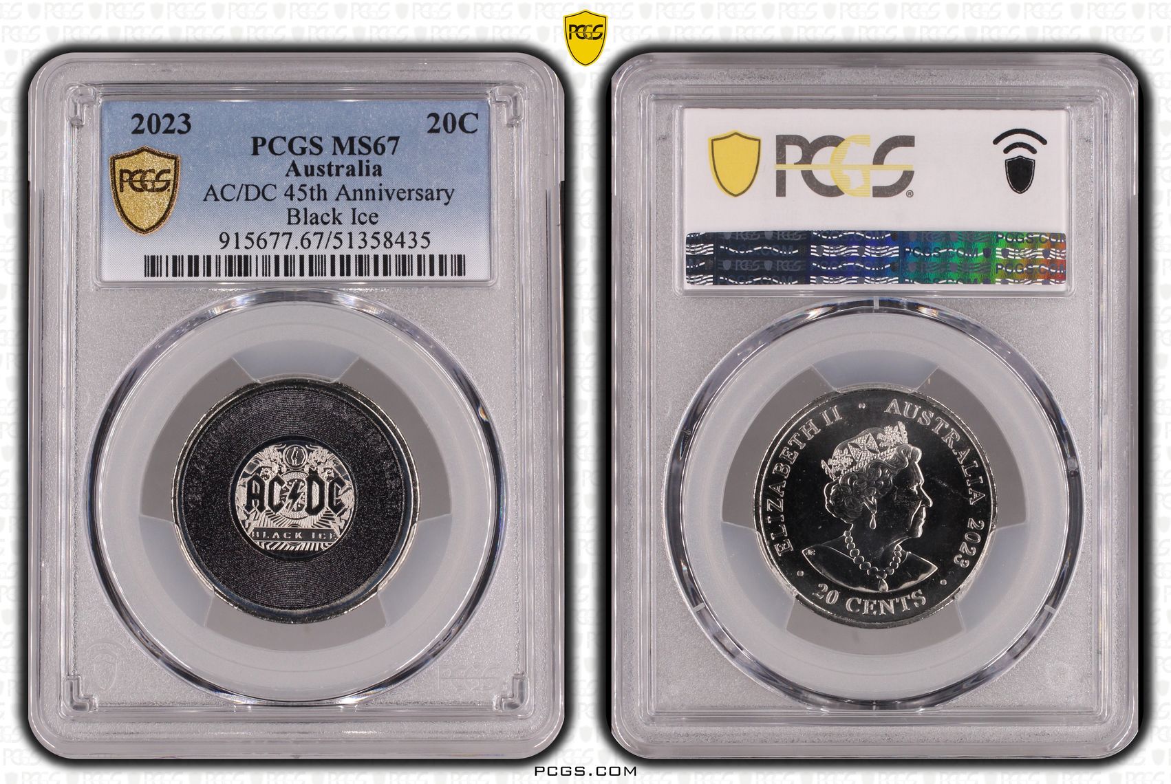 AC/DC 45th Anniversary - Black Ice, Twenty Cent, 2023, PCGS MS67