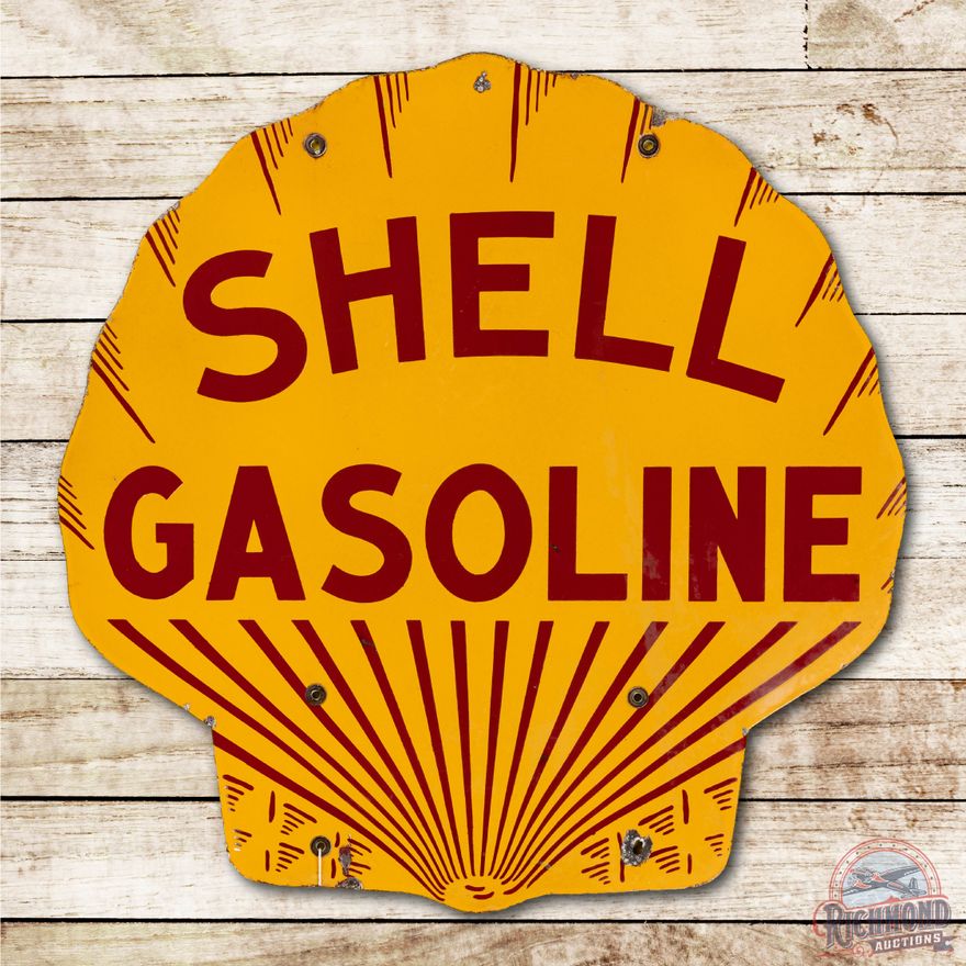 Early Design 30" Shell Gasoline Porcelain Sign TAC 8.5