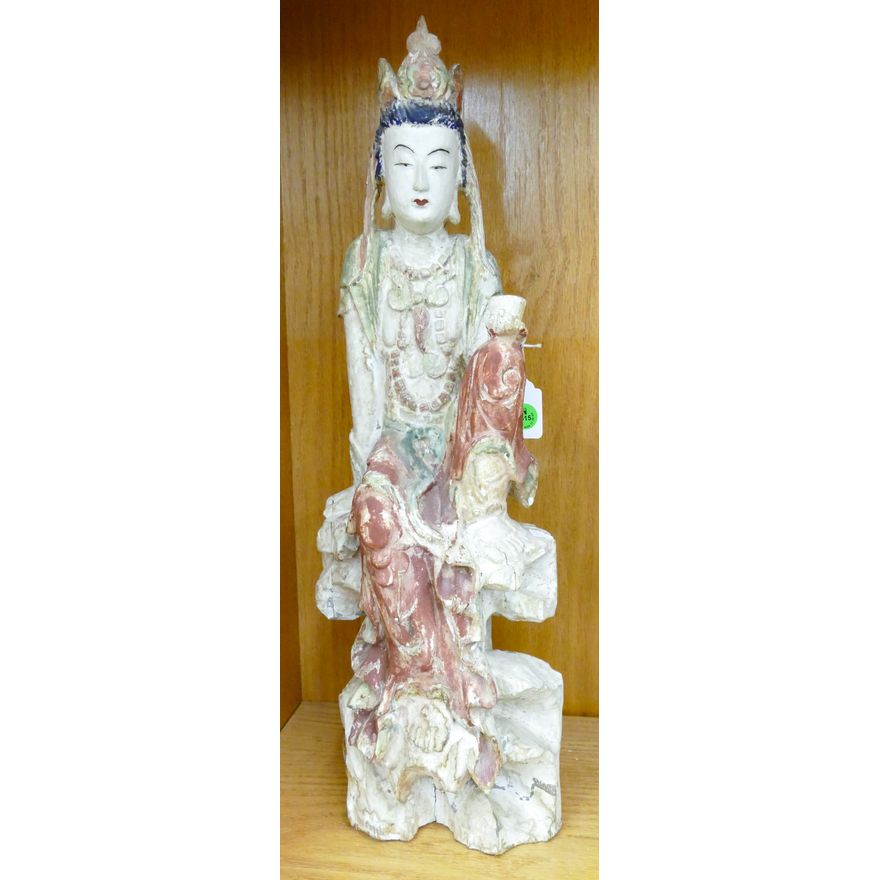 Chinese Ming Style Painted Wood Guanyin 22''