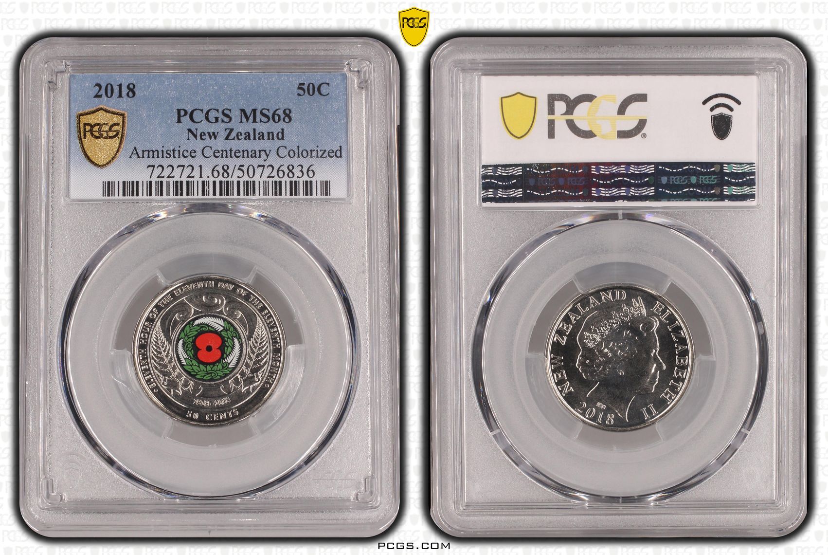New Zealand, Armistice Centenary Colorized , Fifty Cent, 2018, PCGS MS68
