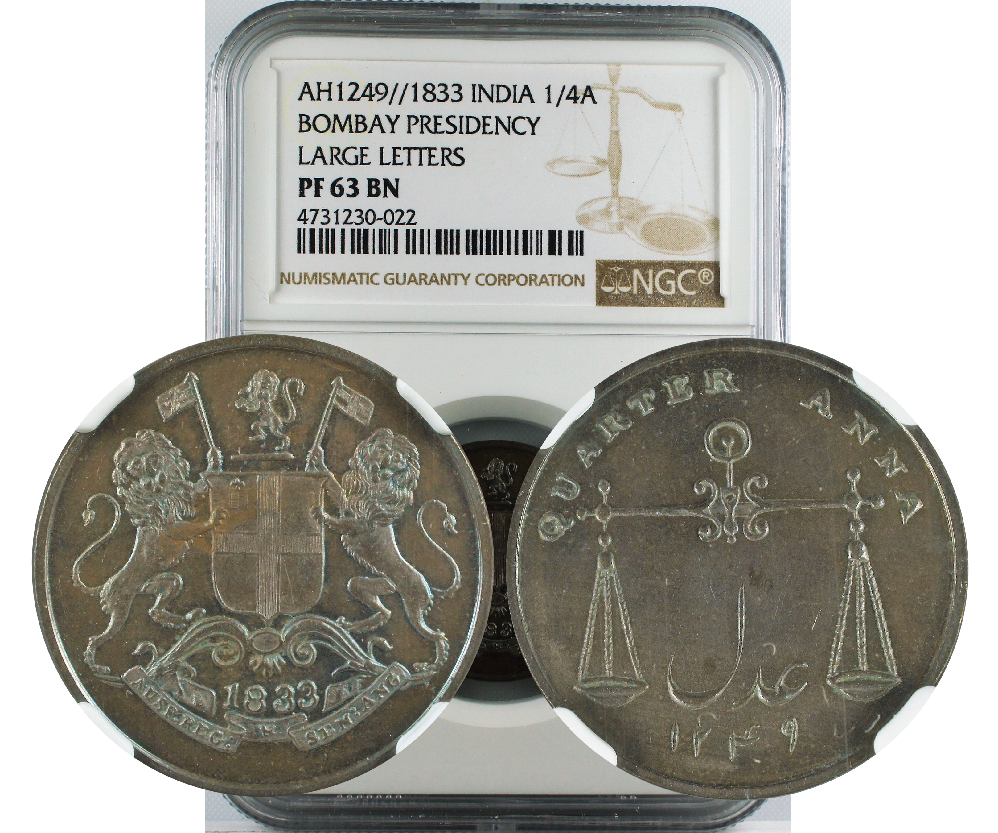 AH 1249//1833 INDIA 1/4ANNA BOMBAY PRESIDENCY LARGE LETTERS PF63 BN